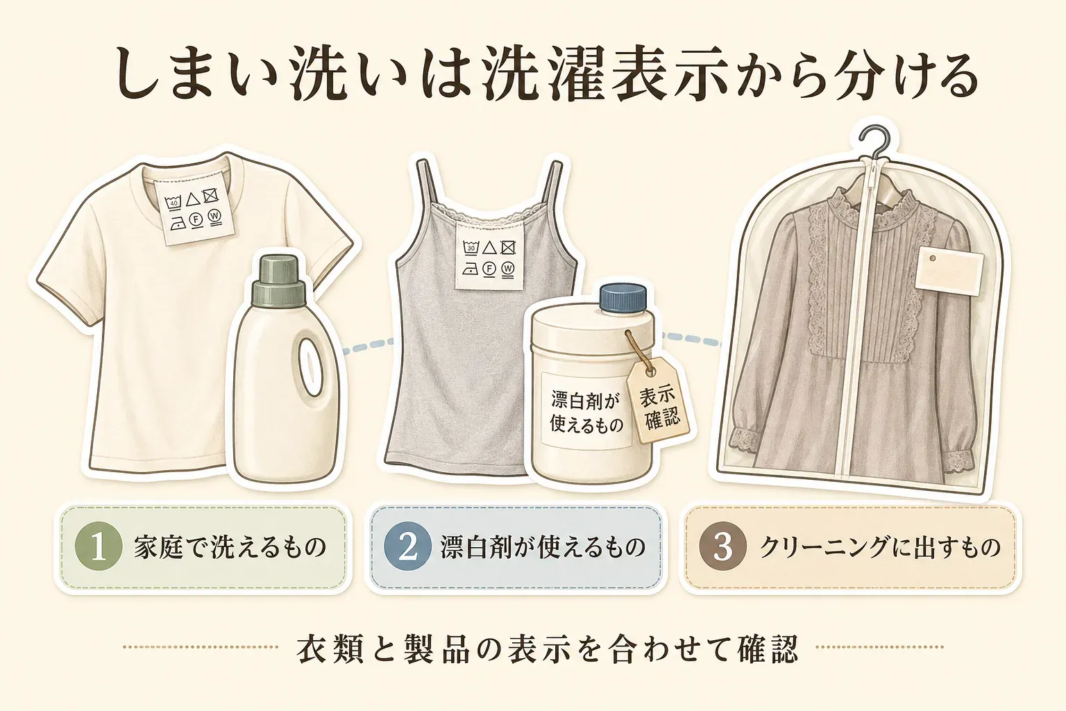 しまい洗いを洗濯表示から分ける図。家庭で洗えるTシャツ、漂白剤が使えるインナー、クリーニングに出す衣類の3つに分け、衣類と洗剤・漂白剤の表示を合わせて確認することを示している。