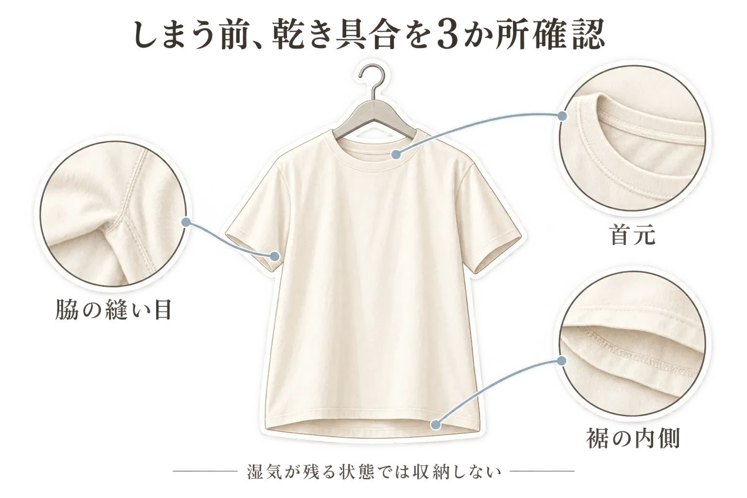 夏服を収納する前の乾燥確認を示す図。ハンガーに掛けたTシャツの脇の縫い目、首元、裾の内側を拡大し、湿気が残る状態では収納しないことを示している。