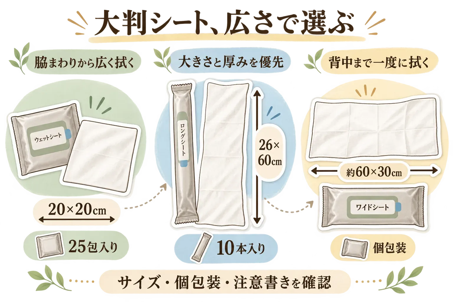 秋の運動会で使う大判シートのサイズ比較。脇まわりから広く拭く20×20cm・25包入り、大きさと厚みを優先する26×60cm・10本入り、背中まで一度に拭く約60×30cmの個包装ワイドシートを示す図。
