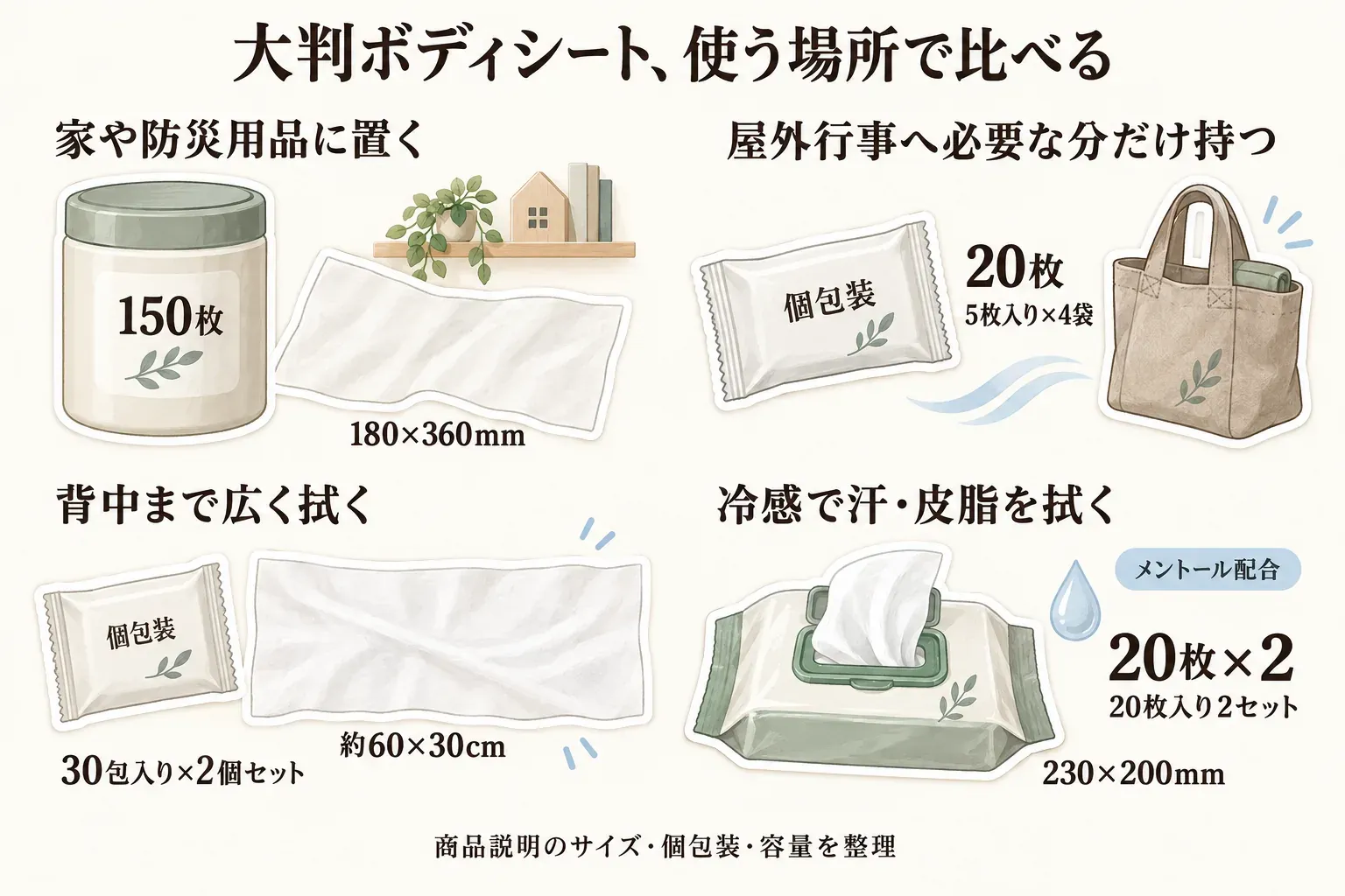 大判ボディシート4商品の使う場所とサイズ・包装・容量を比較した図。自宅や防災用には180×360mmの150枚入り、屋外行事には個包装の極寒タオル20枚（5枚入り×4袋）、背中まで広く拭く用途には約60×30cmの個包装30包入り×2個セット、冷感で汗や皮脂を拭く用途にはメントール配合の230×200mmのビオレ冷シート20枚入り×2セットを、商品説明をもとに整理。