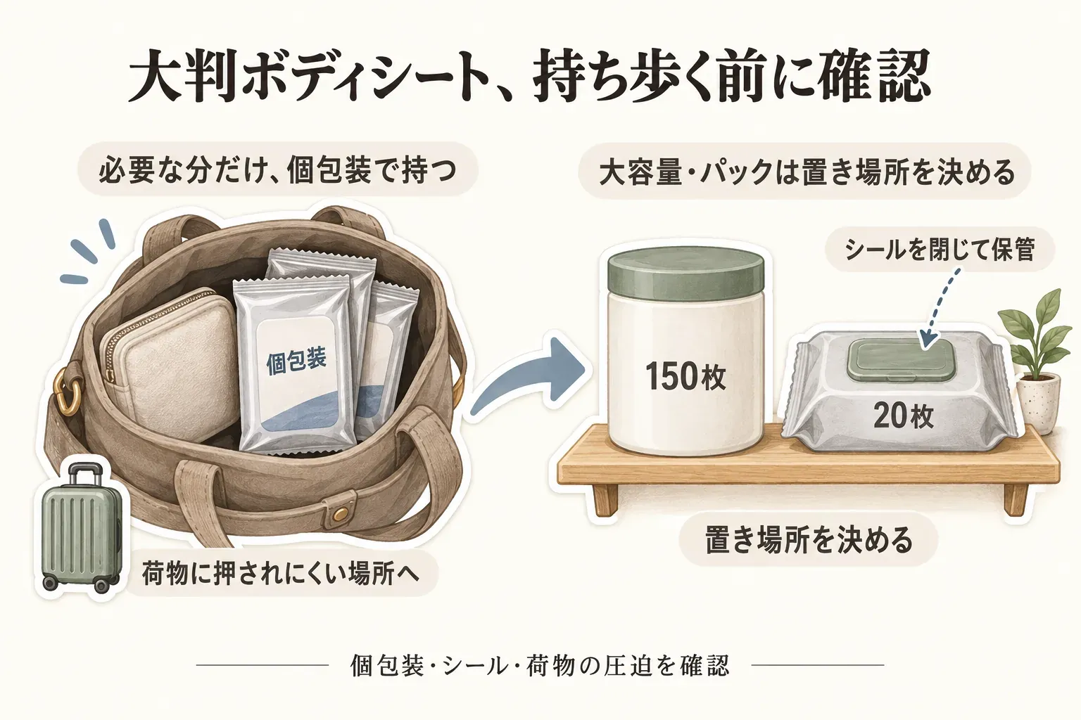 大判ボディシートの携帯と保管を確認する図。必要な分だけ個包装で持ち、バッグでは荷物に押されにくい場所へ入れる。150枚入りの大容量容器と20枚入りパックは置き場所を決め、シールを閉じて保管する。
