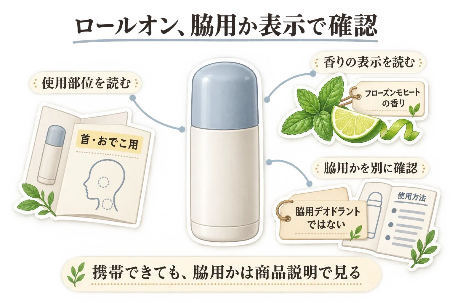 携帯ロールオンの表示を確認する図。首・おでこ用、フローズンモヒートの香り、脇用デオドラントではないこと、使用方法を別に確認することを示し、携帯できても脇用かは商品説明で見るよう案内している。