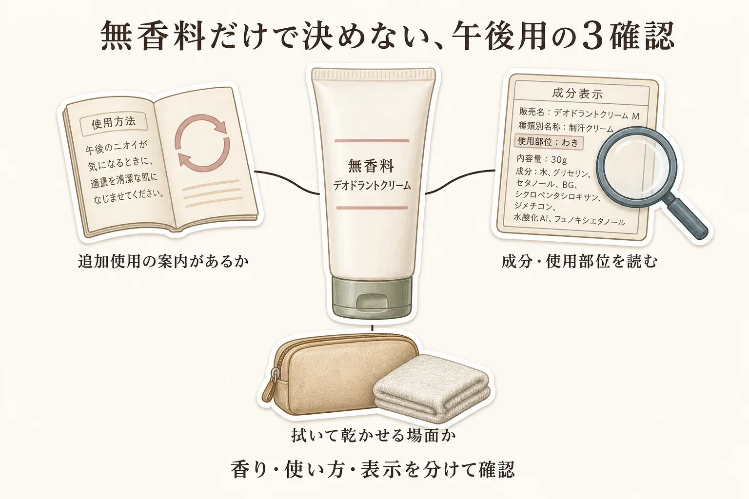 午後にデオドラントクリームを塗り直す手順。汗を拭き取り、肌を乾かしてから、クリームを適量塗り広げる流れ。商品説明の使用方法をもとに整理。