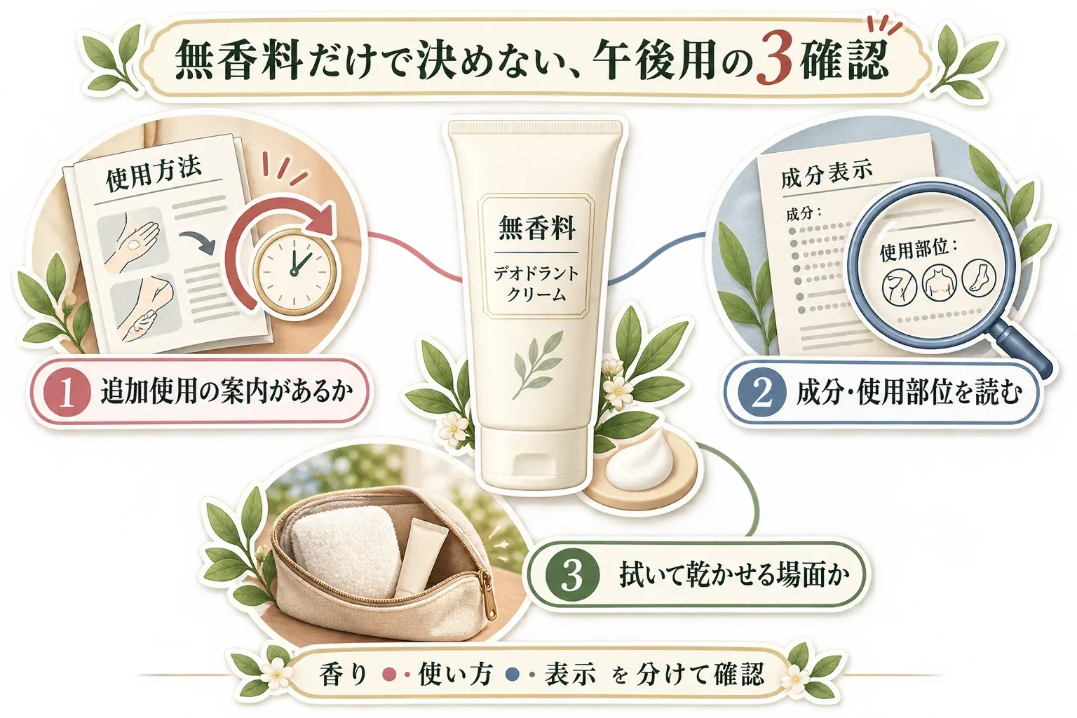 無香料のデオドラントクリームを午後用に選ぶ際の3つの確認事項。追加使用の案内、成分表示と使用部位、汗を拭いて肌を乾かせる場面を確認する。