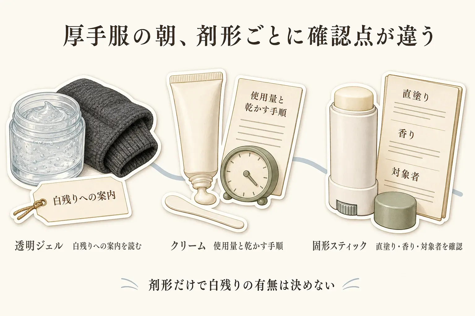 厚手服を着る朝に、透明ジェルは白残りへの案内、クリームは使用量と乾かす手順、固形スティックは直塗り・香り・対象者を確認する図。剤形だけで白残りの有無は決めないことを示している。