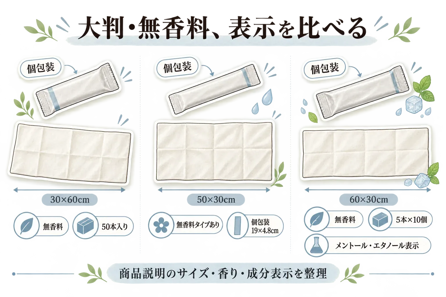 個包装ボディシート3商品のサイズと表示を比較した図。FSX HAND＆BODY Lは30×60cm・無香料・50本入り、BodySheet 無香料は50×30cm・無香料タイプあり・個包装19×4.8cm、ヒンヤリ涼感ボディシートタオルは60×30cm・無香料・5本×10個・メントールとエタノールの表示を、商品説明をもとに整理。
