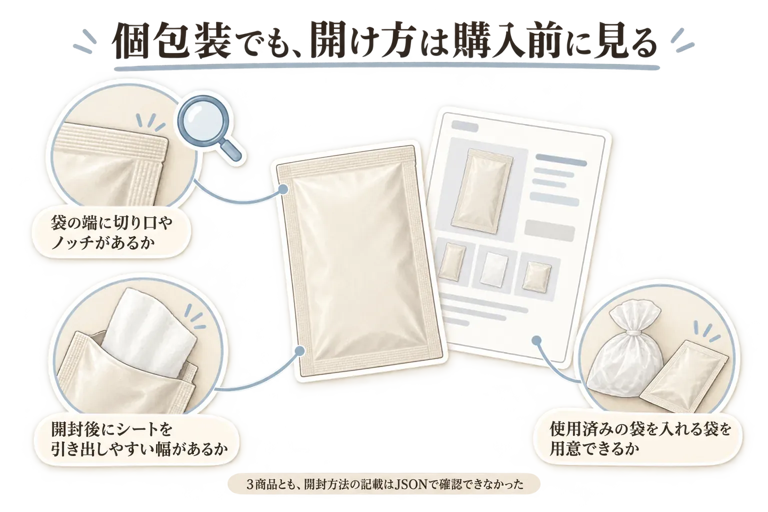 個包装ボディシートの開封前に確認する点を示す図。袋の端に切り口やノッチがあるか、開封後にシートを引き出しやすい幅があるか、使用済みの袋を入れる袋を用意できるかを示し、3商品とも開封方法の記載はJSONで確認できなかったことを併記。