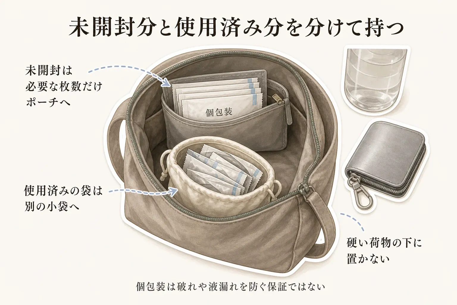 バッグの中で個包装ボディシートを分けて持つ方法を示す図。未開封分は必要な枚数だけポーチに入れ、使用済みの袋は別の小袋へ入れ、硬い荷物の下に置かないようにする。個包装は破れや液漏れを防ぐ保証ではないことを併記。