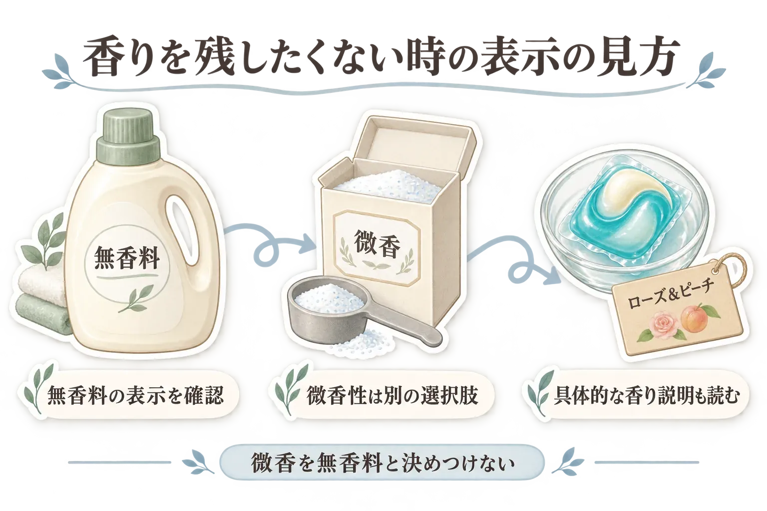 香りを残したくないときの洗剤表示の見方を示す図。無香料の表示を確認し、微香性は別の選択肢として扱い、ローズ＆ピーチなど具体的な香りの説明も読む流れを整理。