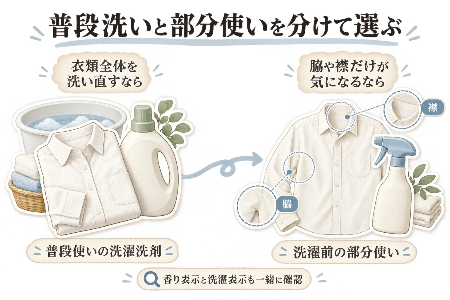 洗濯洗剤の使い分けを示す図。衣類全体を洗い直す場合は普段使いの洗濯洗剤、脇や襟だけが気になる場合は洗濯前の部分使いを選び、香り表示と洗濯表示も一緒に確認する。