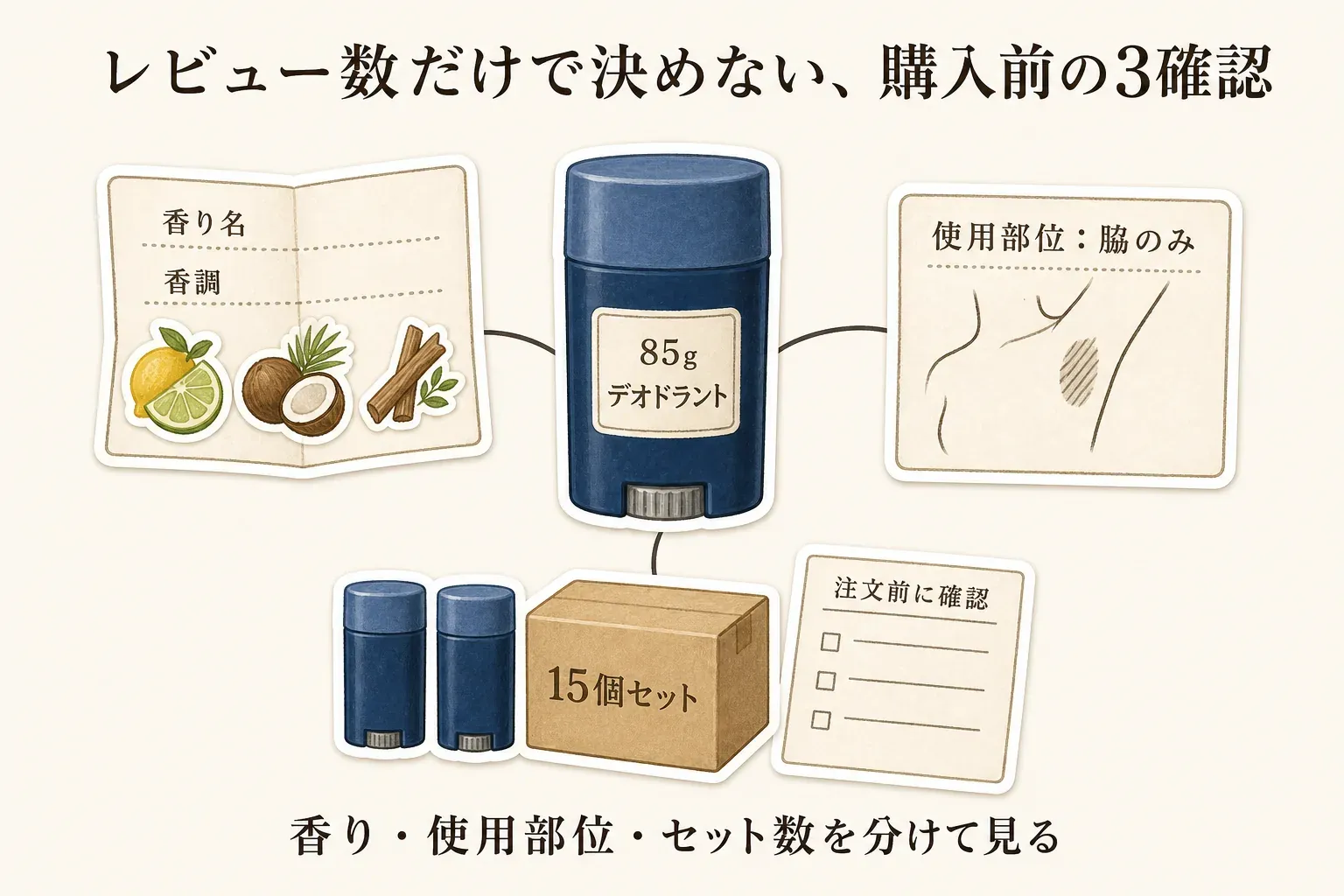 レビュー数だけで決めないための購入前の3確認。商品説明にある香り名・香調、脇のみなどの使用部位、注文前に確認するセット数を分けて見ることを示す図。