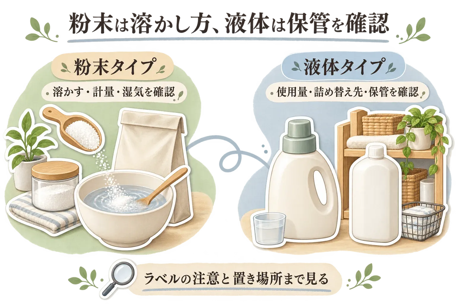 酸素系漂白剤の扱い方の確認項目。粉末タイプは溶かし方・計量・湿気、液体タイプは使用量・詰め替え先・保管を確認し、どちらもラベルの注意と置き場所まで見ることを示す図。