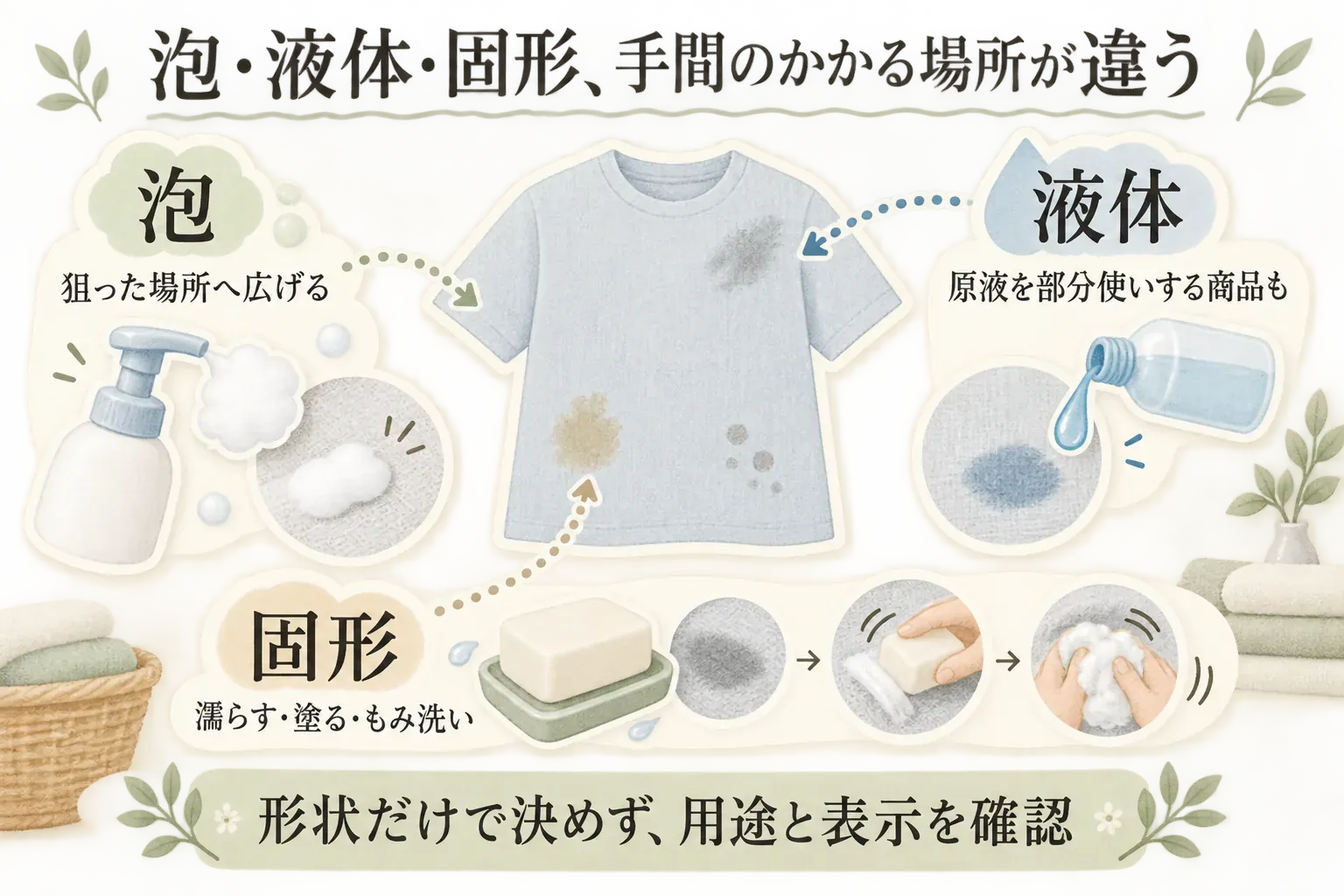 泡・液体・固形の部分洗いの手順の違いを示す図。泡は狙った場所へ広げ、液体は原液を部分使いする商品もあり、固形は衣類を濡らして石けんを塗り、もみ洗いする様子と、形状だけで決めず用途と洗濯表示を確認することを描いている。