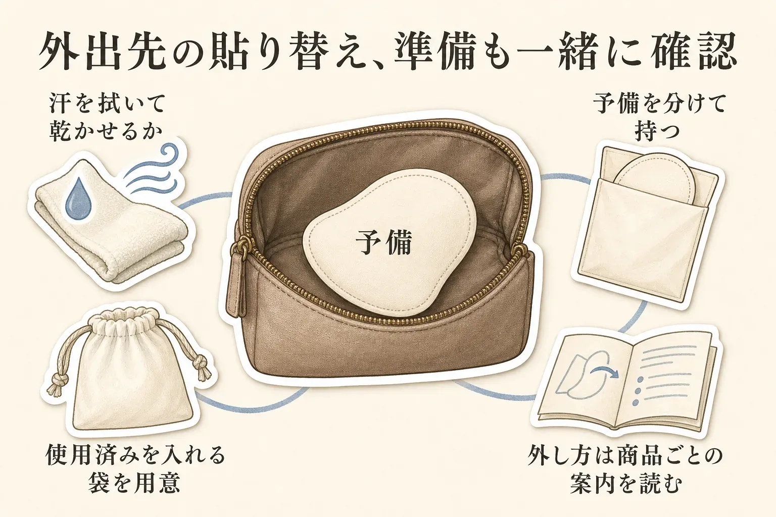外出先で脇汗パッドを貼り替える準備を示す図。汗を拭いて乾かすタオル、予備のパッド、予備を分けて持つ小袋、使用済みを入れる袋、商品ごとの取り外し案内を確認することを描いている。