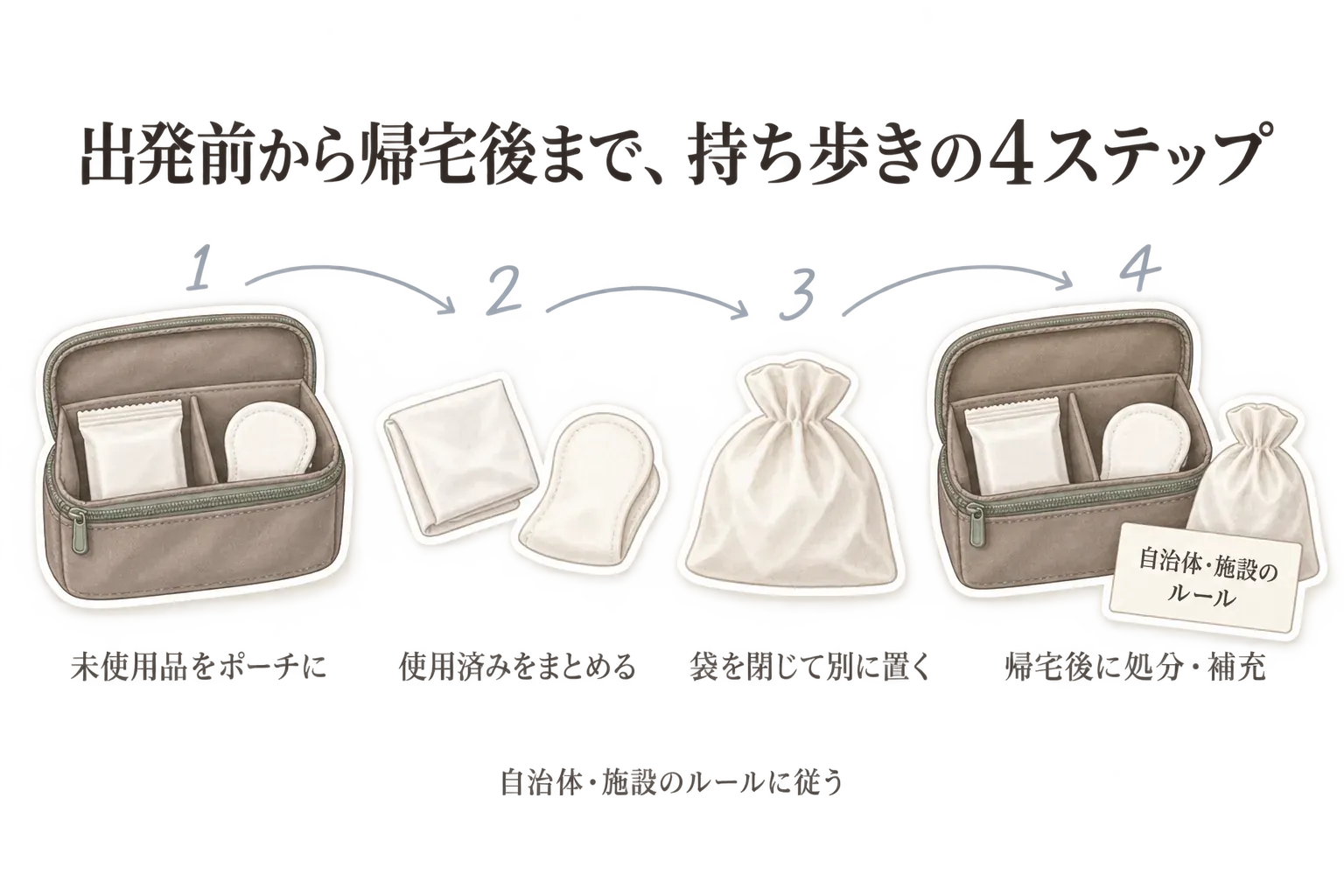 出発前から帰宅後までの持ち歩き4ステップを示す図。未使用品を仕切りポーチへ入れ、使用済みのシートやパッドをまとめ、小さめ消臭袋の口を閉じて別の場所に置き、帰宅後は自治体・施設のルールに従って処分し補充する流れ。