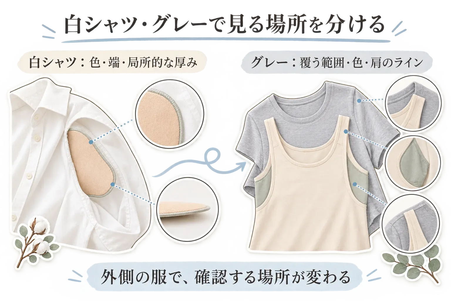 白シャツでは衣類に貼る脇汗パッドの色・端・局所的な厚みを、グレーのトップスではパッド付きインナーの脇を覆う範囲・色・肩のラインを確認する図。外側の服によって見る場所が変わることを示す。