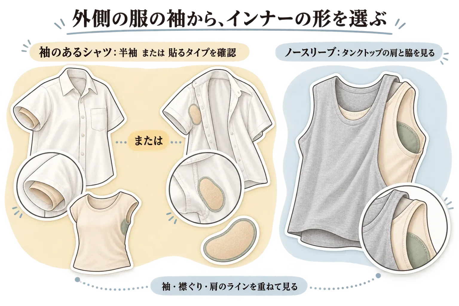 外側の服の袖からインナーの形を選ぶ図。袖のあるシャツには半袖インナーまたは貼る脇汗パッドを、ノースリーブにはタンクトップを合わせ、袖・襟ぐり・肩のラインを重ねて確認する。