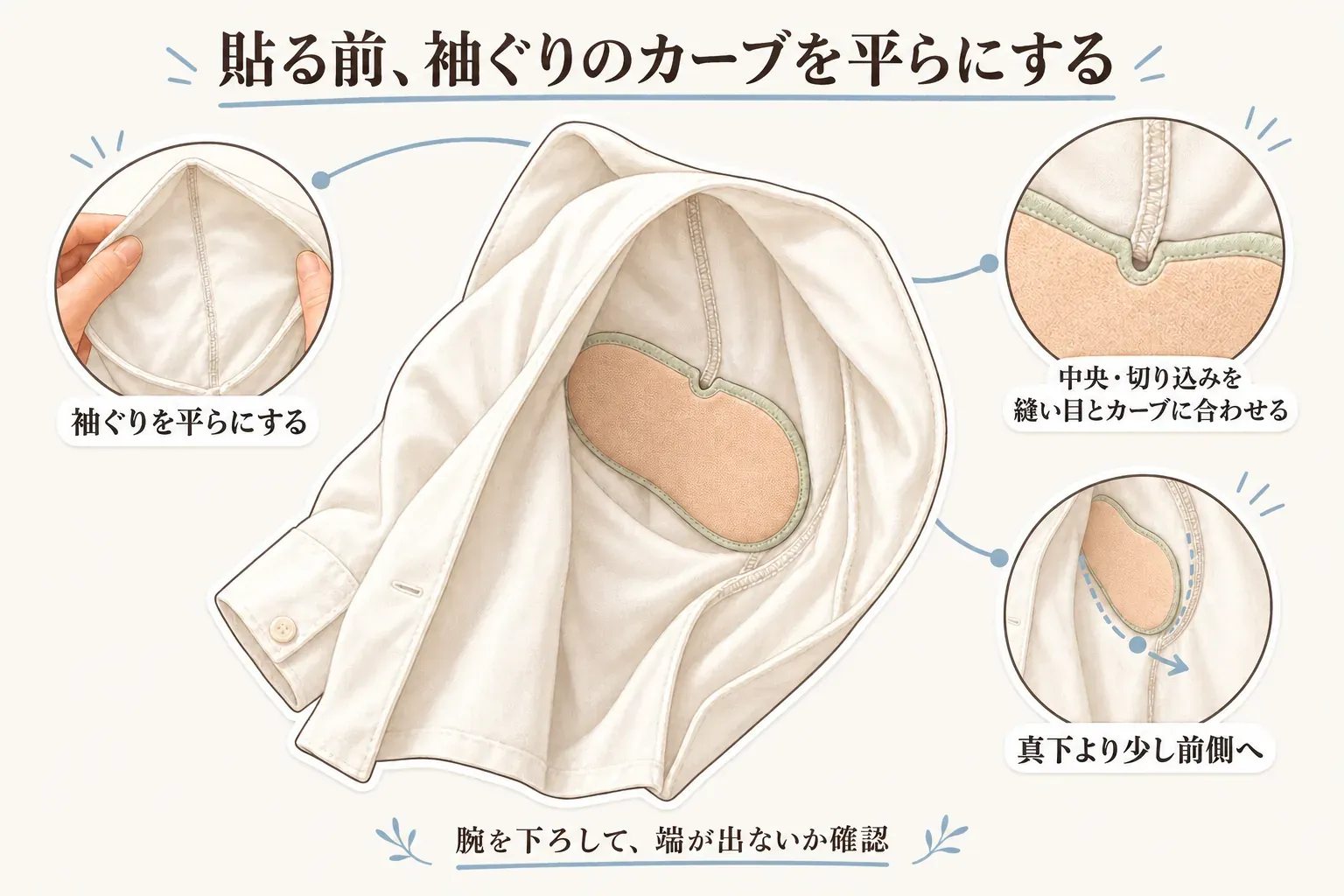 脇汗パッドを衣類に貼る順番を示す図。小林製薬公式のRiffあせワキパットの案内に沿い、袖ぐりを平らにし、パッドをワキの真下より少し前側へ合わせ、からだ側を先に貼ってから袖側をゆっくり貼り、端の浮きや縫い目からのはみ出しを確認する流れを示している。