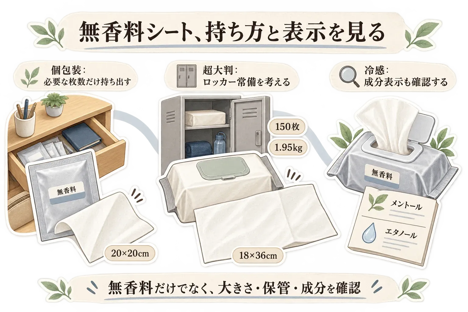 無香料シートの持ち方と表示の確認点を示す図。個包装は必要な枚数だけ持ち出し、超大判タイプは150枚・1.95kgのためロッカー常備を考え、冷感タイプはメントールとエタノールの成分表示も確認する。無香料だけでなく大きさ・保管・成分を見ることを示している。