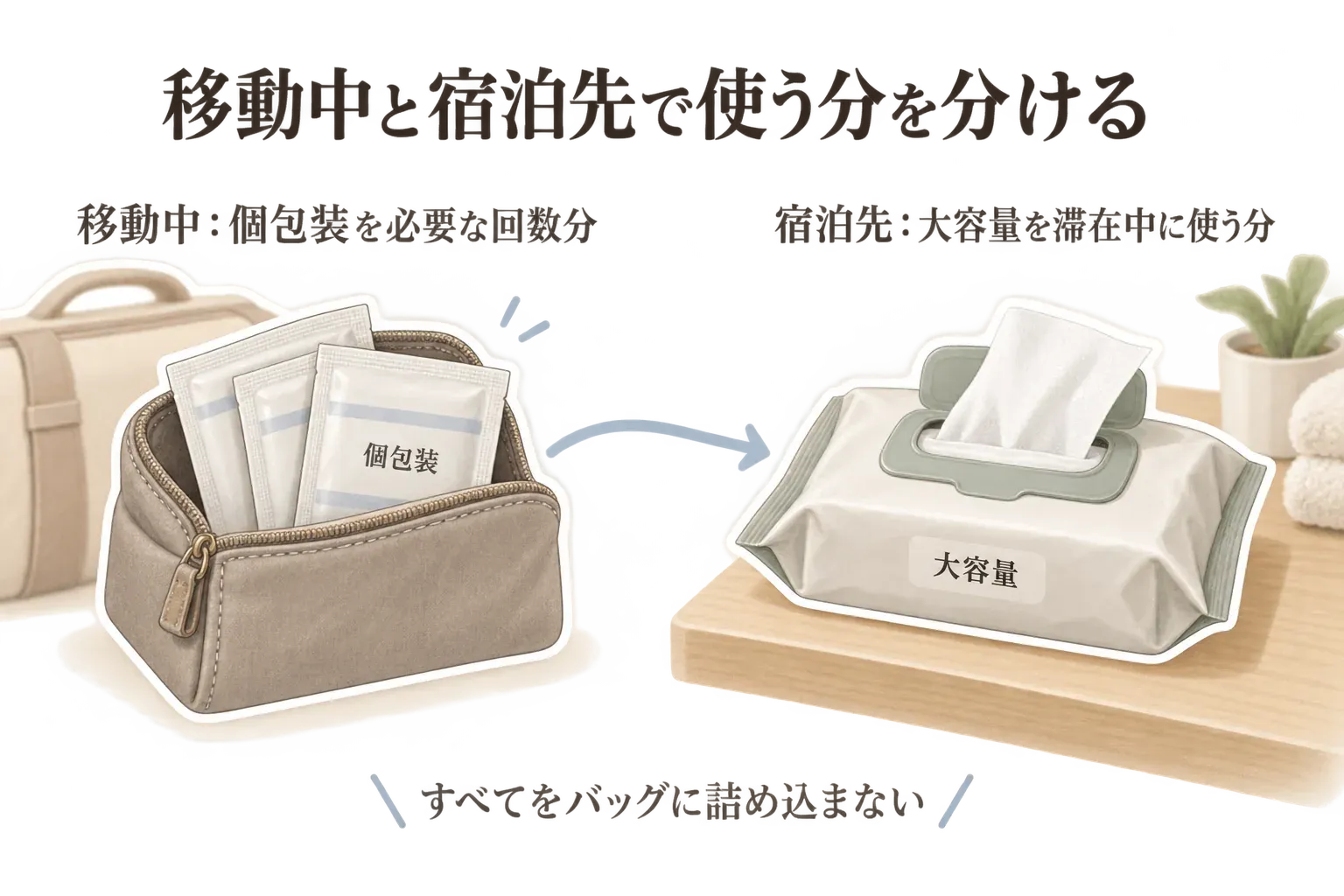 移動中と宿泊先で使うボディシートを分ける図。移動中は必要な回数分の個包装をポーチに入れ、宿泊先では大容量パックを滞在中に使う分として置き、すべてをバッグに詰め込まないことを示している。